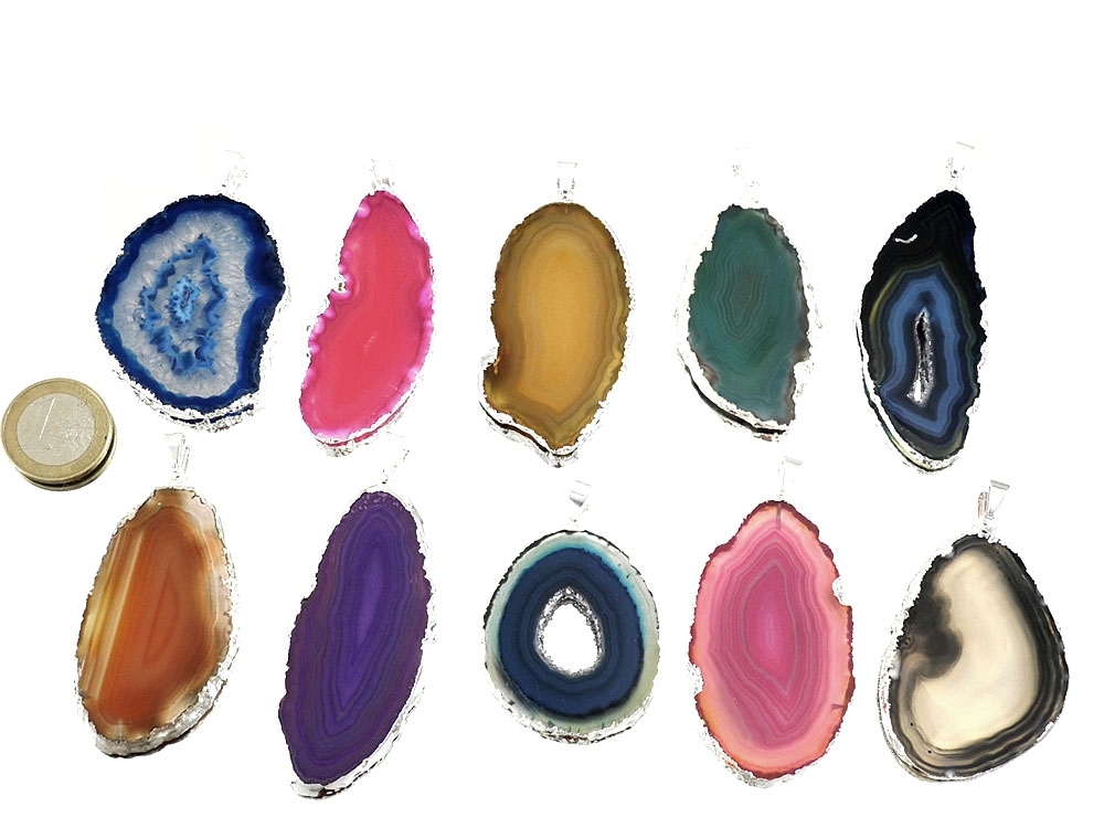 Agate Slice Pendants 10 Piece Set - Silver