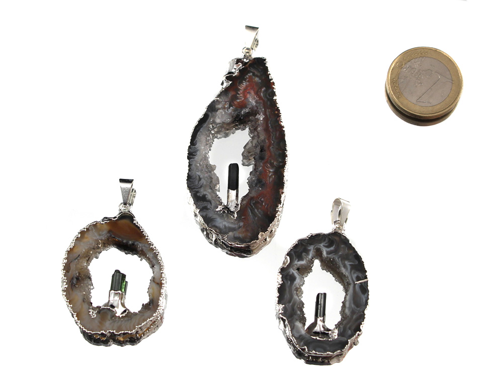 Agate Pendant with Tourmaline Crystal, Silver - 1 pc